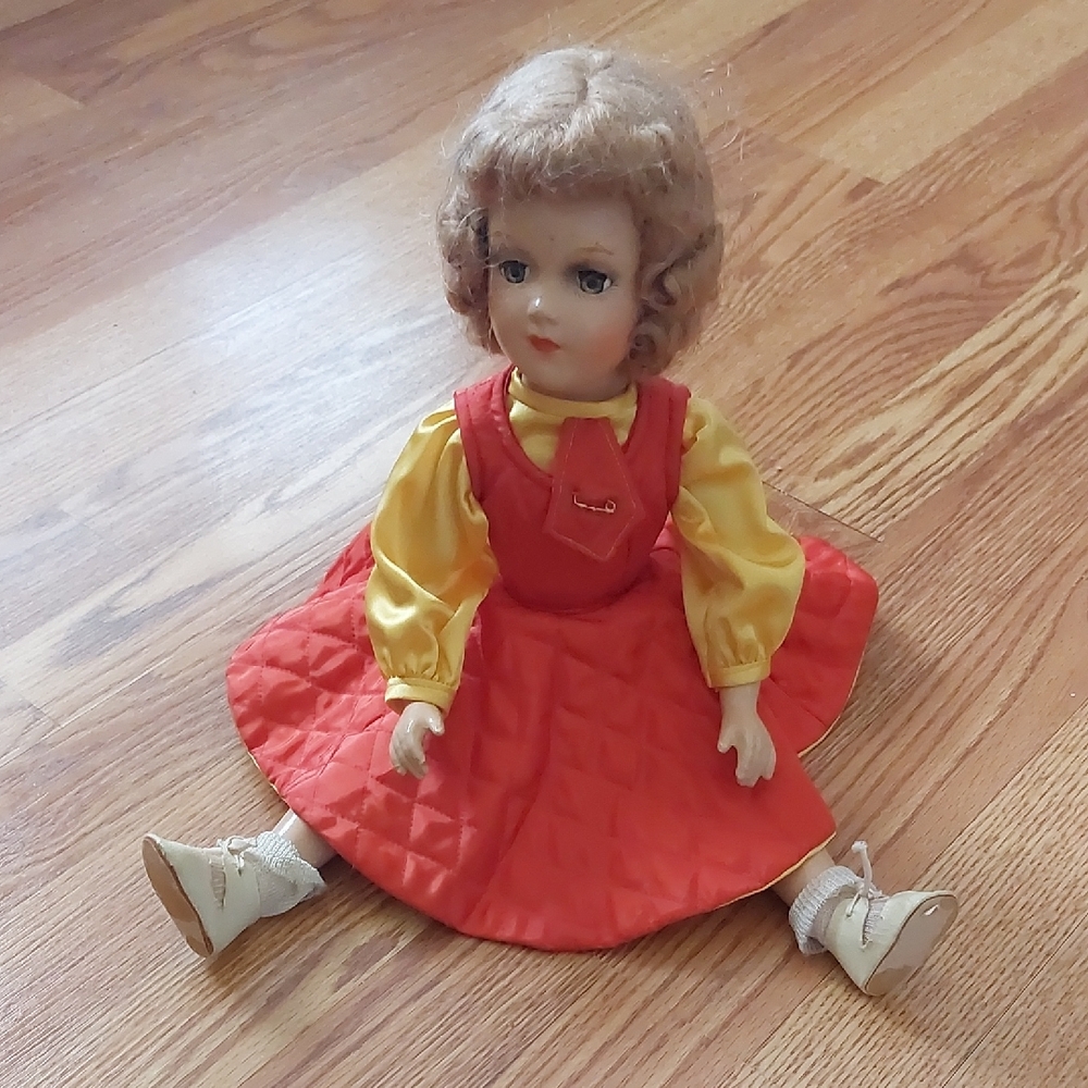 Vintage Classic Composition Doll with Red  and Yellow Outfit